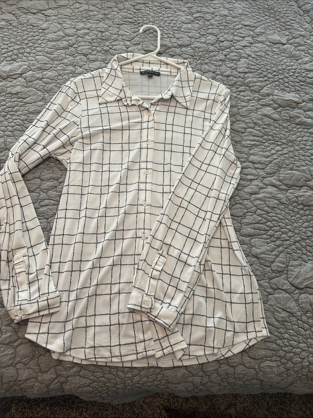 Adrianna Papell Cream Button-Down Shirt with Black Windowpane Check